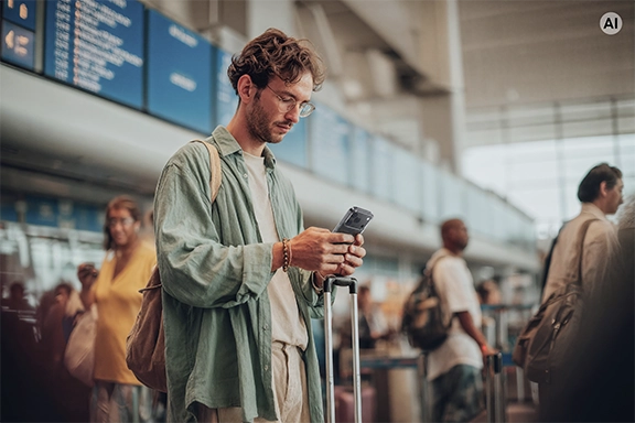 A person is standing in the airport, looking at their mobile phone