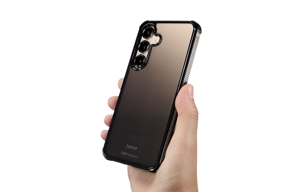 A right hand holds up a Samsung Galaxy S25, which is in the Hama "Extreme Protect" mobile phone case.