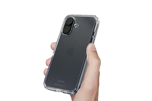 A right hand holds up an iPhone 16, which is in the Hama ‘Extreme Protect’ mobile phone case