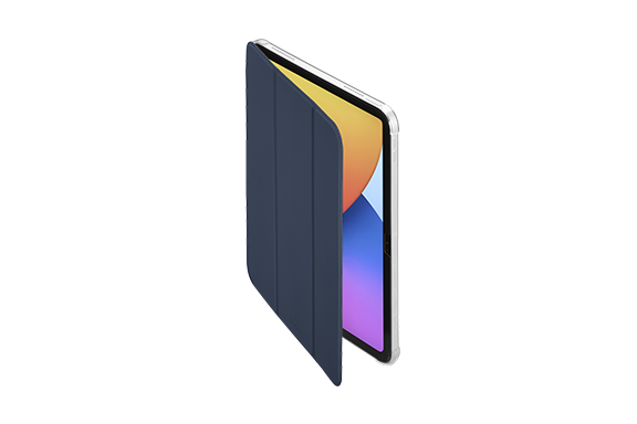 Side view of the ‘Fold Clear’ tablet case with an Apple iPad 10.9’ inside. The blue case is slightly open and shows the activated display of the tablet.