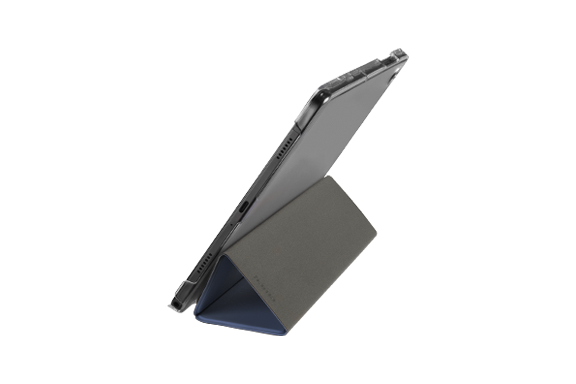 Side view of the detached ‘Fold Clear’ tablet case with the lid open, which acts as a support for the Galaxy Tab 9.