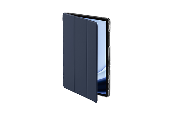 Side view of the ‘Fold Clear’ tablet case with a Samsung Galaxy Tab 9 inside. The blue case is slightly open and shows the activated display of the tablet.