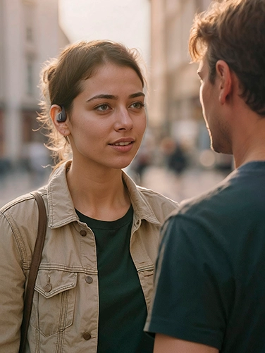 A couple stands facing each other and looks into each other's eyes; she is wearing Hama's ‘Spirit Open’ Bluetooth headphones.