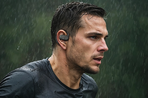 A man jogs in the rain wearing splash-proof Spirit Open headphones from Hama.