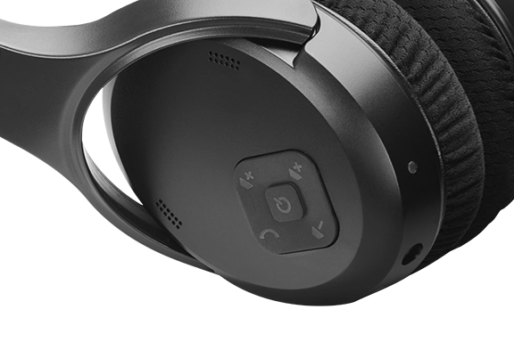 Detailed view of the headphone side with control panel for the volume and the on/off button.