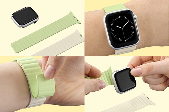 Four sections with detailed views of the magnetic wristband and the installation with the Apple Watch.