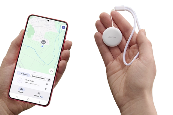 Two hands hold a smartphone with the app open and the Hama key finder