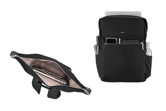 Cropped images of the front and top view of the laptop backpack, showing the different compartments