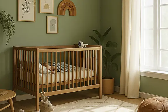 Children's room in green and wood, with a rug in the centre, a cot at the back with a baby monitor, and a window on the right