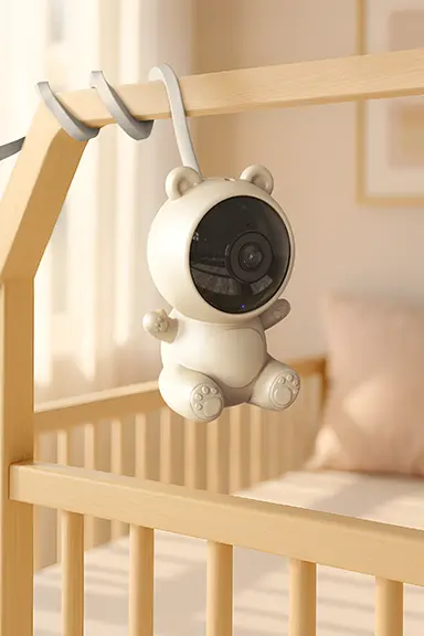 Kinderbett mit hohem Gestell, Kamera in Teddyform zentral, im Hintergrund Kissen.