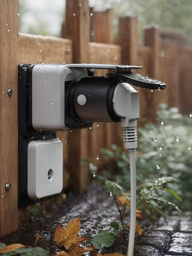 A mains plug is connected to a Hama smart WLAN socket in the garden, which in turn is connected to an outdoor socket. It is raining, but this is no problem for the socket outlet.
