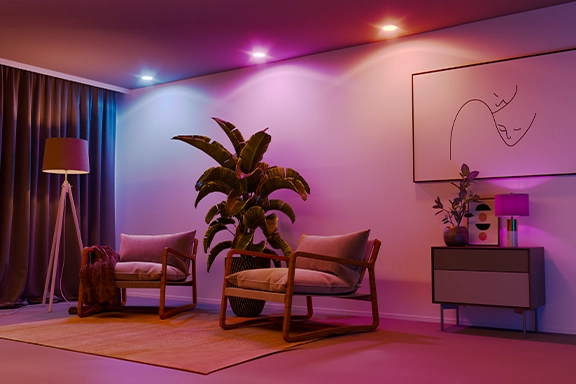 A living room is illuminated in idyllic colours by the smart Hama WLAN LED lamps