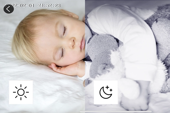 The picture is divided into two parts - on the left side you can see a sleeping child in day mode, on the right side you can see the child in infrared mode.