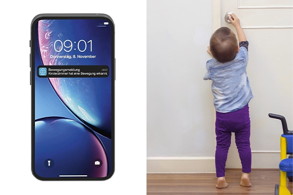 The image is divided into two parts. On the left-hand side is a close-up of a smartphone receiving a push notification from the smart home app about motion detection. On the right-hand side, a small child reaches for a door handle.