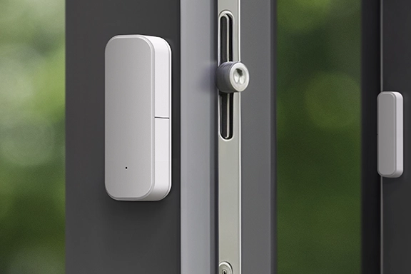 Close-up of an aluminium window frame to which the Hama window contact is attached.