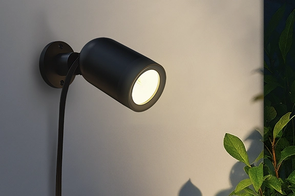 A garden spotlight attached to the wall of a house shines white light onto a plant at night.