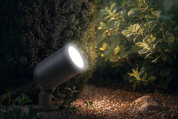 Garden spotlight in the ground illuminates bushes at night from below with white light.